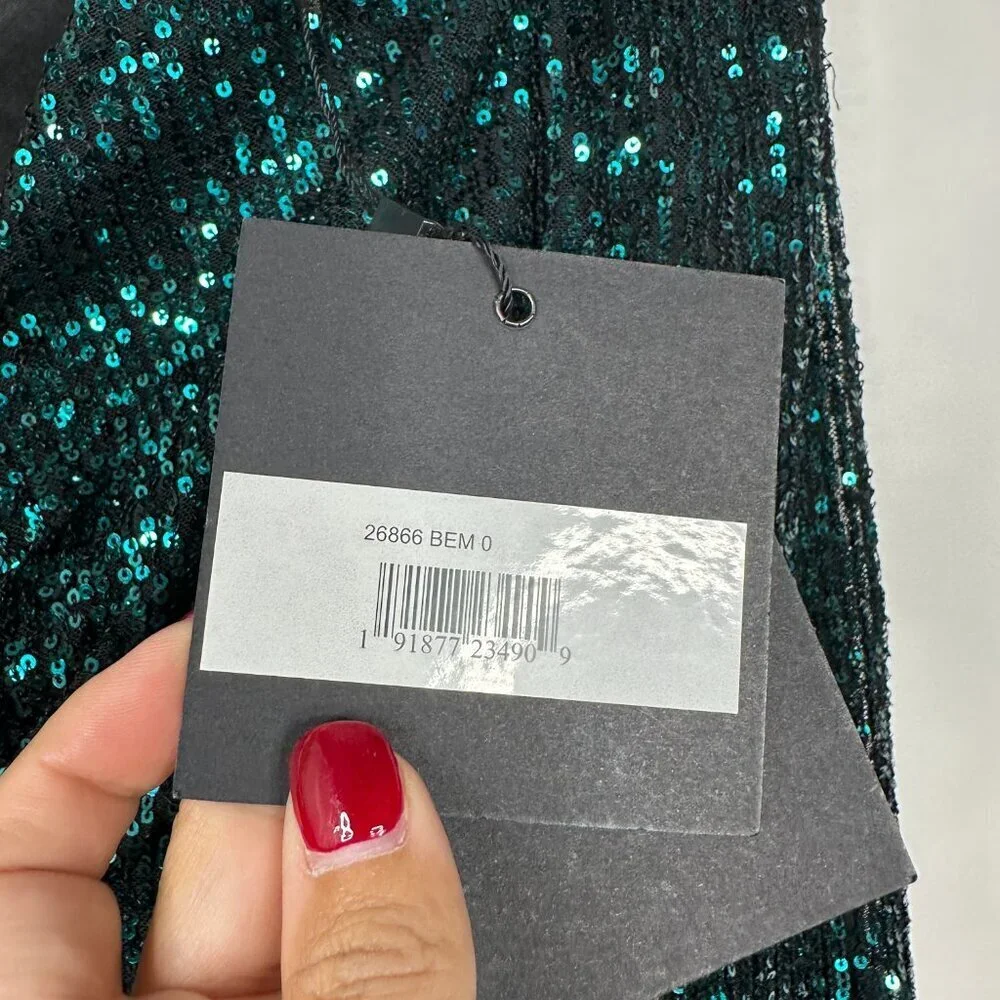 NWT Mac Duggal Sequined Structured Bishop Sleeve Midi Dress Black Emerald #8480